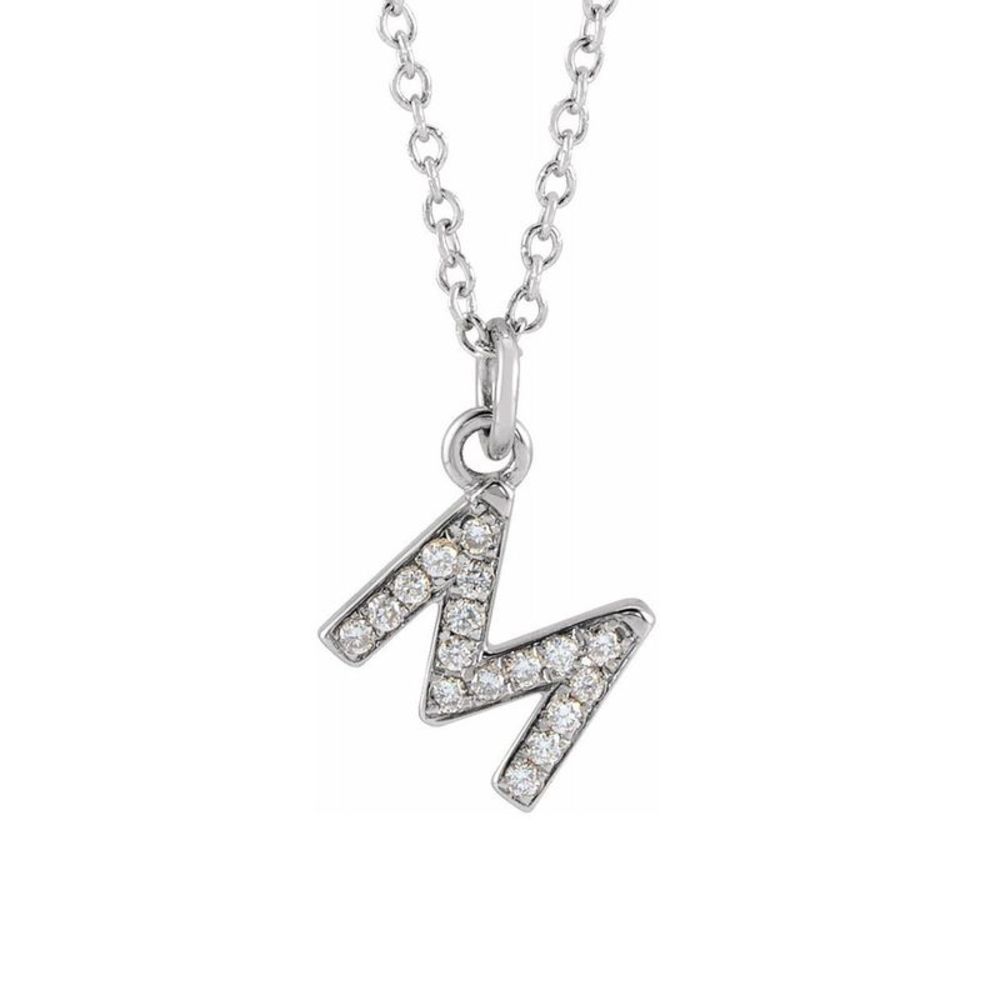 14K White Gold .06 CTW Diamond Tiny Initial M Necklace, 16-18 Inch